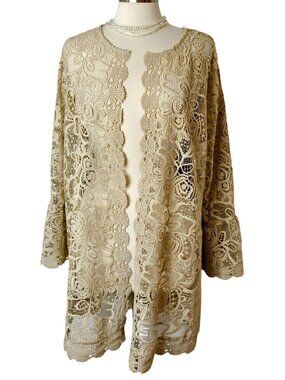 Cato Womens 18/20W Crochet Lace Cardigan Beige Chic Floral Open Front 3/4 Sleeve